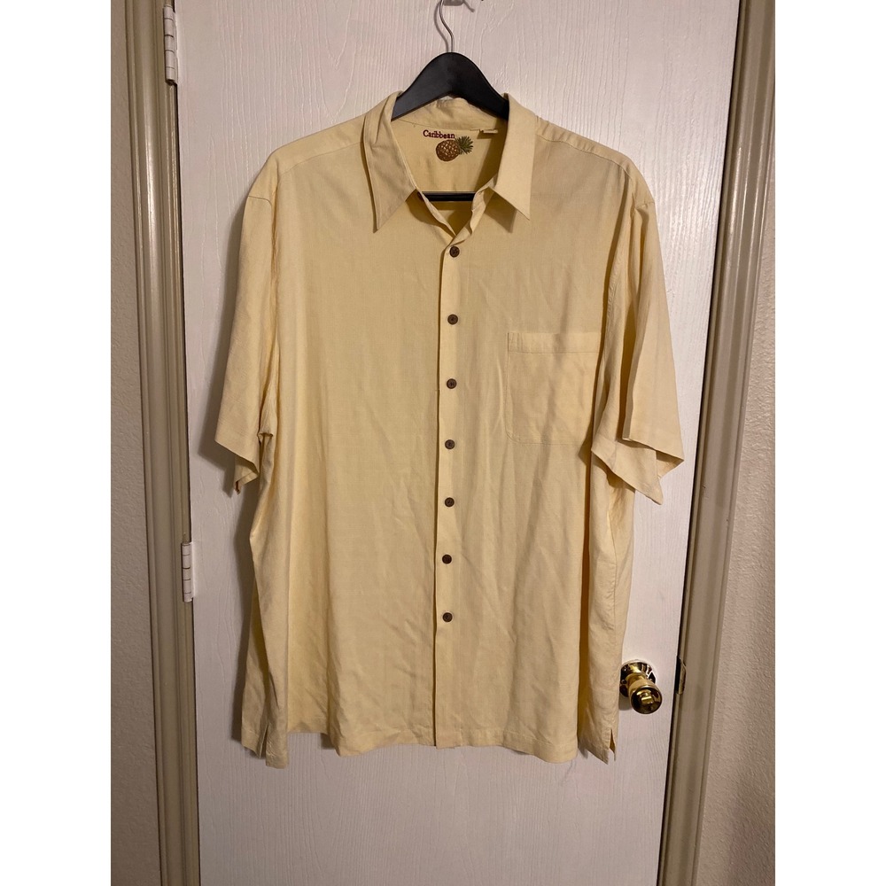 Caribbean Mens 4XT Yellow 100% Silk Short Sleeve Button Down Camp Shirt